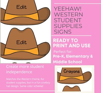 Preview of YeeHaw! Western Classroom Supplies Signs - editable to personalize