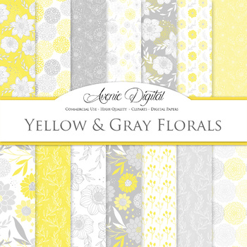 Yellow And Grey Floral Digital Paper Patterns Nursery Dahlia Flower Background