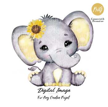 Yellow cute elephant with sunflower, clip art by adlydesigns | TpT