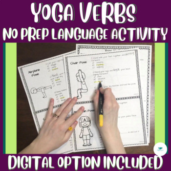 Preview of Yoga Verbs - No Prep Speech Language Therapy Activity & Worksheet (+ Digital)