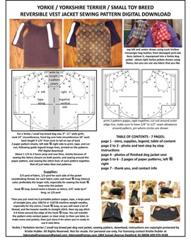 Preview of Yorkshire Terrier small toy breed reversible jacket vest sewing pattern download