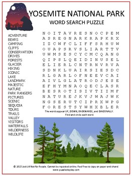 Yosemite National Park Word Search Puzzle Vocabulary Activity Worksheet