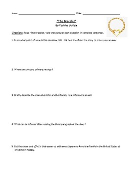 Preview of Yoshiko Uchida's "The Bracelet": Worksheet, Test, or Homework with Answer Key