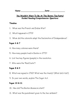 Preview of You Wouldn't Want to be at The Boston Tea Party - Guided Reading Questions