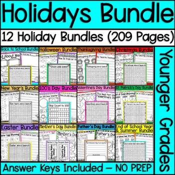 Preview of Mega Holidays Worksheets Bundle FOR THE ENTIRE YEAR For Younger Grades