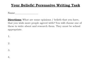 Preview of Your Beliefs! Persuasive Writing Task: MEATy paragraph (for reluctant writers) 