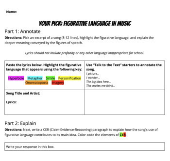 Preview of Your Pick: Figurative Language in Music Extension Activity