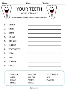 Preview of Your Teeth Word Scramble for Kids Worksheet Puzzle & Easel Activity