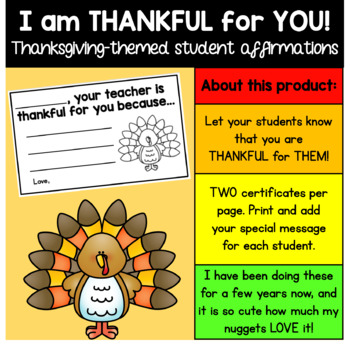 Preview of Your teacher is THANKFUL for YOU! Thanksgiving Themed Student Certificates