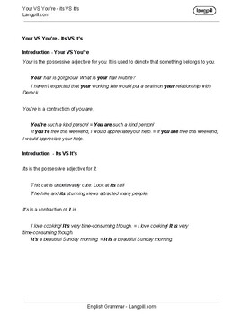 Your vs. You're - its vs. it's Worksheet by Langpill ...