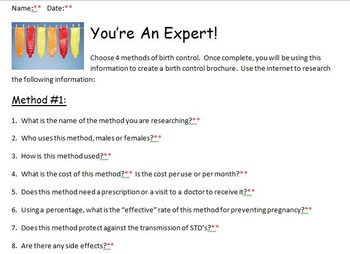 Preview of Birth Control - You're An Expert! with Brochure Instructions