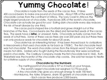 Yummy Chocolate! - Weekly Reading Passage and Questions by Smart Chick