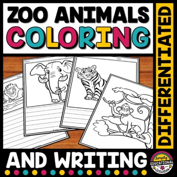 Preview of ZOO ANIMALS COLORING BOOK PICTURE WRITING PROMPT PAPER PAGES ACTIVITY SHEETS