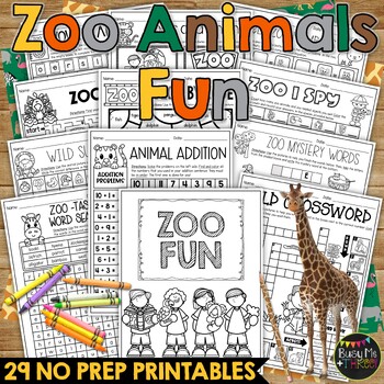 Preview of ZOO ANIMALS Theme No Prep Fun Worksheets Crosswords Word Search Puzzles Math ELA