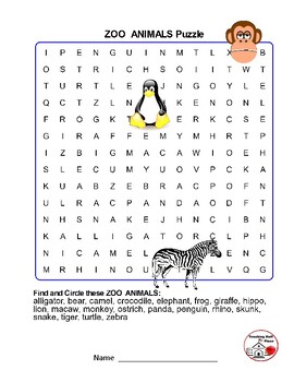 ZOO ANIMALS Word Search & Coloring– Grades 1-2 Vocabulary | TpT