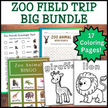 Preview of ZOO Field Trip Activities BIG BUNDLE! Zoo Animal Coloring, Scavenger Hunt, Bingo