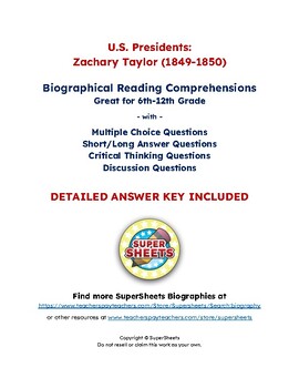 Preview of Zachary Taylor Biography: Reading Comprehension & Questions w/ Answer Key