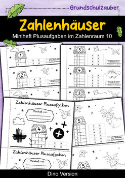 Preview of Zahlenhäuser Miniheft Plusaufgaben im Zahlenraum 10 Dino Version (German)