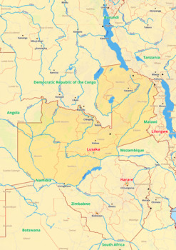 Preview of Zambia map with cities township counties rivers roads labeled