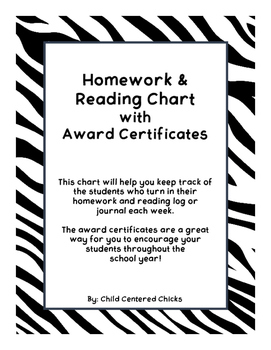 Preview of Homework and Reading Teacher Tracking Chart with Award Certificates Zebra Print