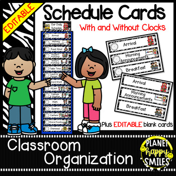 Preview of Schedule Cards With & Without Clocks (EDITABLE) - Zebra Print