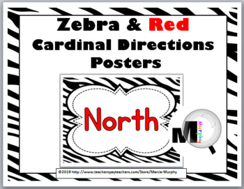 Preview of Zebra Theme Classroom Decor Cardinal Directions Signs with Red