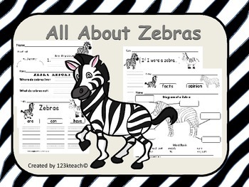 Preview of All About Zebras, Writing Prompts, Graphic Organizers, Diagrams, K, 1st, 2nd