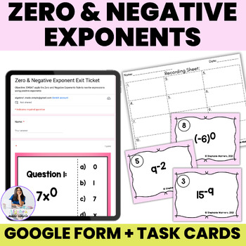 Preview of Zero and Negative Exponent Rules Digital Quiz Task Cards Google Form Printable