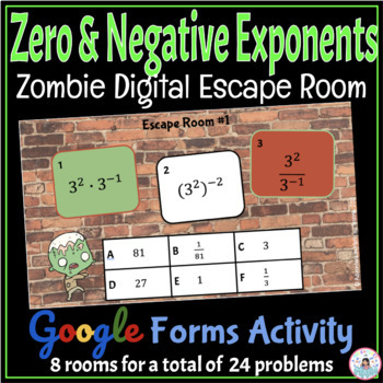 Preview of Zero and Negative Exponents Activity - Zombie Digital Math Escape Room - Google