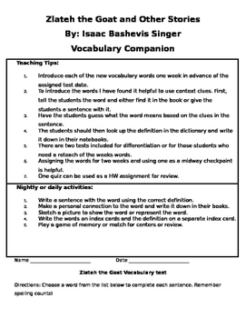 Zlateh The Goat Vocab By Iced Coffees And Teaching Tpt