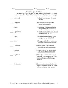 Zlateh The Goat Vocabulary Quiz Worksheet By Literacysolutionlinks