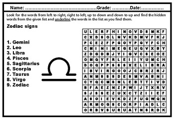 zodiac signs word search vocabulary worksheet zodiac signs distance learning