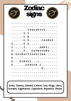 Zodiac signs : word searsh puzzle worksheet activity by Art with Mark
