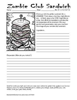 Preview of Zombie Club Sandwich Creative Writing Halloween Day of the Dead