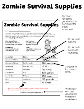 Zombie Survival Supplies - Rounding to Tens Worksheets - Set 1 by  picrustable