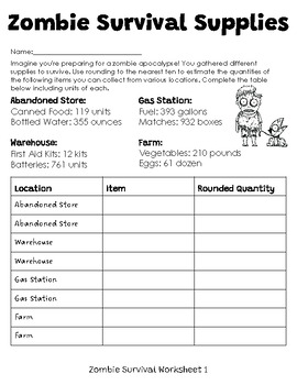 Zombie Survival Supplies - Rounding to Tens Worksheets - Set 1 by  picrustable