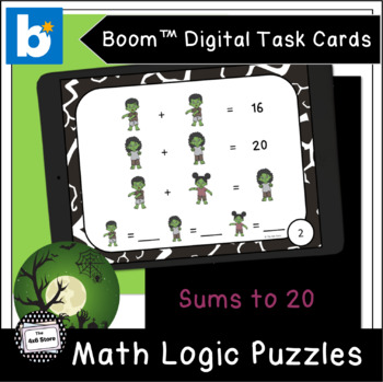 Preview of Zombies Math Logic Puzzles Sums to 20 Digital Task Cards Boom Learning