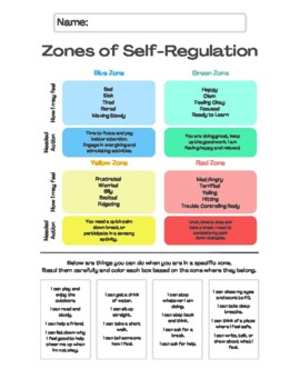 Preview of Zones of Self-Regulation Social Emotional Learning Worksheet