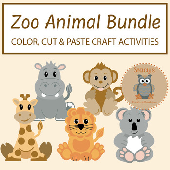 Preview of Zoo Animal Bundle Cut and Paste Activities - Giraffe, Hippo, Koala, Lion, Monkey