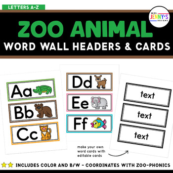 Preview of Zoo Animal Phonics Alphabet Word Wall Headers & Editable Word Cards