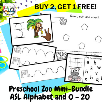 Preview of Zoo Animal Preschool ASL Task Card Flashcard Mini Bundle - alphabet and 0 - 20
