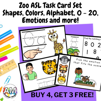 Preview of Zoo Animal Preschool ASL Task Card Set - shapes, alphabet, 0 - 20, & colors