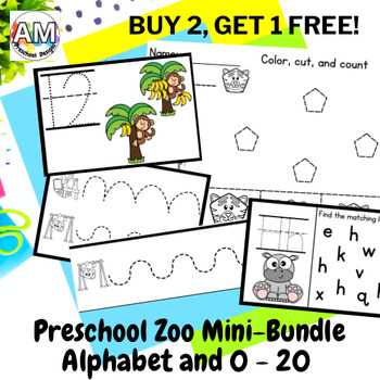 Preview of Zoo Animal Preschool Task Card Flashcard Mini-Bundle - alphabet and 0 - 20 cards