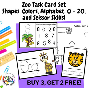 Preview of Zoo Animal Preschool Task Card Set - shapes, alphabet, 0 - 20, & colors