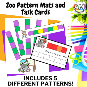 Preview of Zoo Animal Repeating Patterns Task Cards and Play Mats - AB, AAB, ABB, AABB, ABC