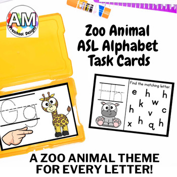 Preview of Zoo Animal Sign Language Alphabet Task card flashcards - ASL preschool activity
