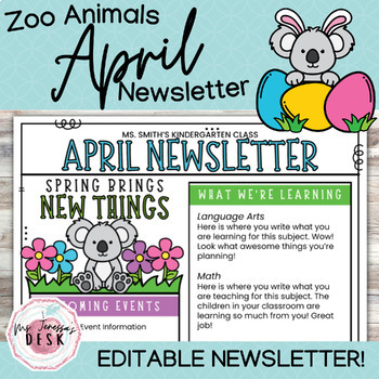 Preview of Zoo Animals April Newsletter Template *Editable