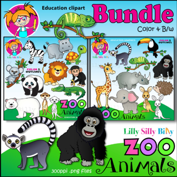 Preview of Zoo Animals - BUNDLE of clipart resources. Full color and Black Line Art.
