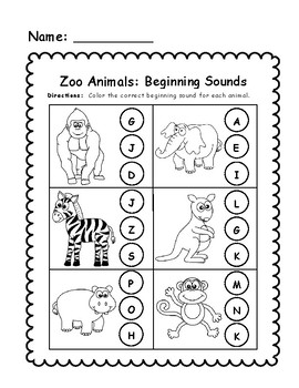 Zoo Animals Beginning Sounds Worksheet by Amy Barker | TPT