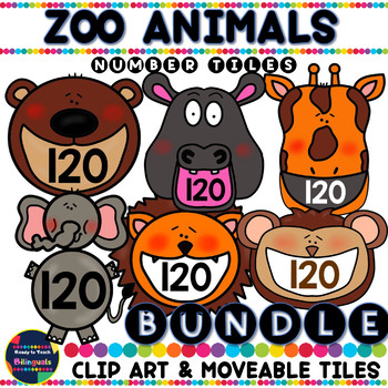 Preview of Zoo Animals Clip Art & Moveable Tiles Bundle - Numbers 0-120 & Math Symbols